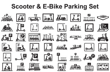 Various scooter and e-bike parking solutions isolated on white background