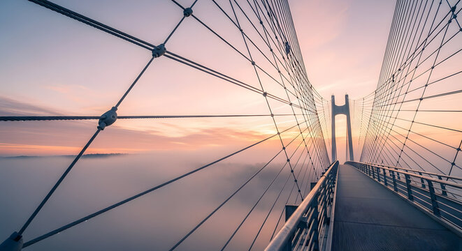 Suspension Bridge Cables Above Foggy Sunrise Sky, Engineering