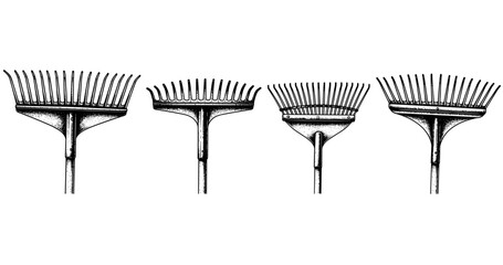 Vintage rake collection: four different designs in detailed monochrome illustration