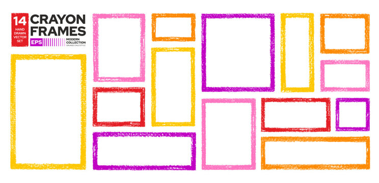 Crayon children frame. Hand drawn square and rectangle box border. Crayon, pastel, pencil children frames pattern. Line text photo doodle box set. Backdrop drawing png. Irregular red pink color shape