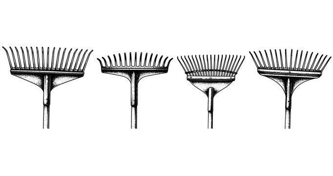 Vintage rake collection: four different designs in detailed monochrome illustration