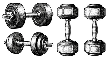 Obraz premium Vintage dumbbells collection: classic fitness equipment in detailed black and white illustrations