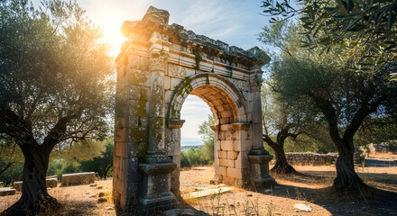 Fototapeta premium Ancient Roman Archway Ruins with Olive Trees and Sun Flare, Stock Media