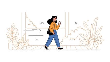 Young asian female walking outdoors with smartphone in casual attire