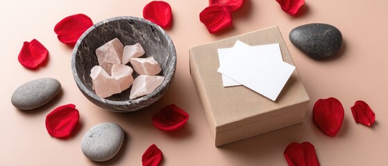 Two blank white business cards rest on an olive green notebook, surrounded by rose petals on a marble surface
