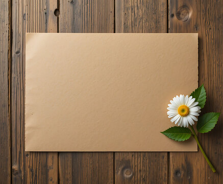 Blank Brown Paper and White Daisy Flower on Wooden Brown Background