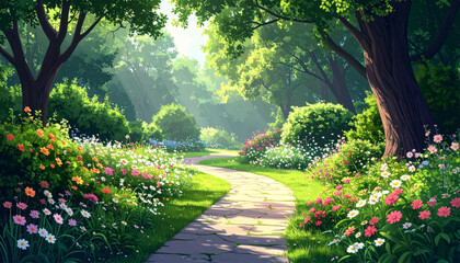 Fototapeta premium Shaded garden pathway with colorful blooms and sunny atmosphere. Vibrant park walkway amid flowers, trees, and soft morning light. Serene nature path bordered by wildflowers in lush green landscape