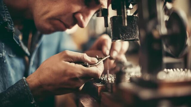 Craftsman carefully shaping a new office key on a key cutting machine with focus on intricate metal details and precision.