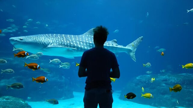 Viewing Whale Shark in Aquarium - A person is seen from the rear viewing a large whale shark and various other fish species swimming in a large aquarium.