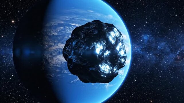 Asteroid approaching Earth in space