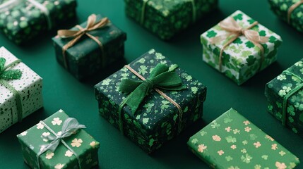 Gift box with clover for St. Patrick's Day celebration on green background