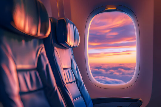Dreamy pastel sunset view from airline window at warm sky