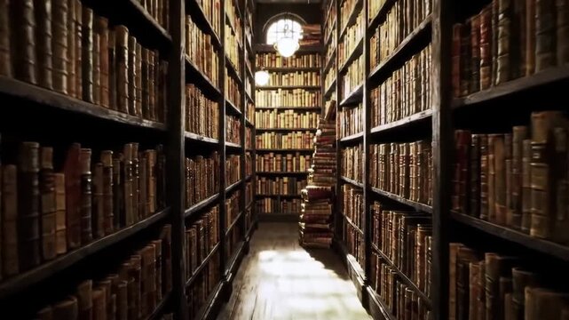 Mysterious library interior featuring rows of old books and dim lighting, creating a vintage atmosphere.