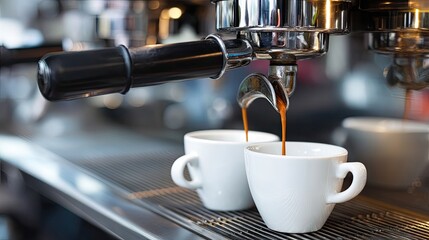 Coffee machine prepares fresh espresso as two white cups sit on wooden tray in a kitchen with a blurred background setting
