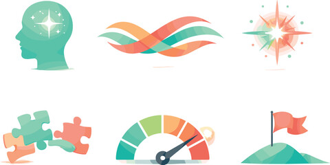 Creative Energy Boost. Imagination recharge composition expressing creativity boost energy, six symbolic objects arranged in two