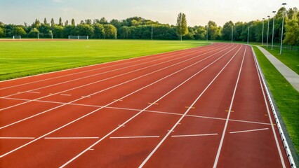 Fototapeta premium A red athletic track stretches across a green field under a clear sky. The track is marked with white lines and surrounded by trees.