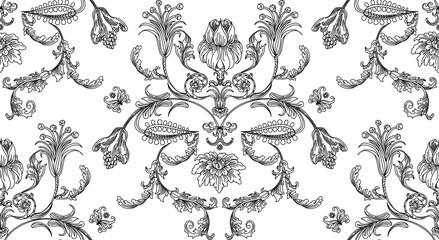  Pattern of flowers and leaves with elements of Gothic ornament on a transparent background in vintage style