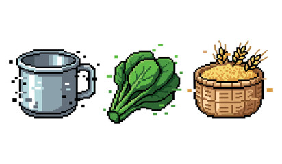 Naklejka premium Pixel art food icons: mug, spinach, basket of wheat grains