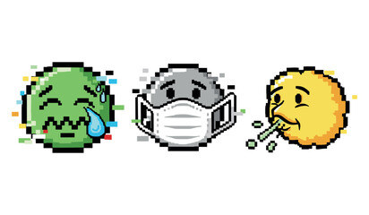 Pixel art emojis representing sickness, mask, and sneezing faces