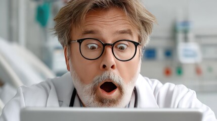 Doctor in hospital room feels scared while checking information on digital tablet during patient assessment and treatment.