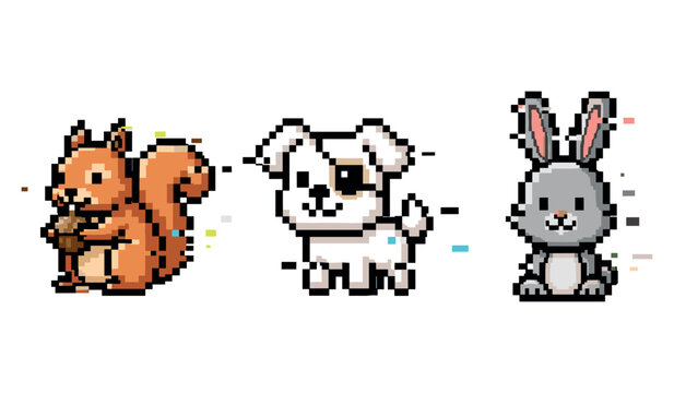 Pixel art animals: squirrel, dog, and rabbit in retro style