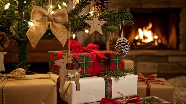 Cozy Christmas Scene with Decorated Tree and Gifts - A beautifully decorated Christmas tree adorned with wooden ornaments, bows, and pine cones stands beside a warm fireplace.