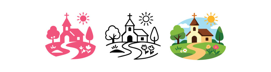 Fototapeta premium spring easter holidays tiny village church path spring day