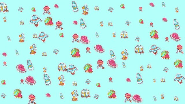 Pattern of various picnic items on a light blue background suitable for summerthemed designs, invitations, cards, and outdoor event promotions.