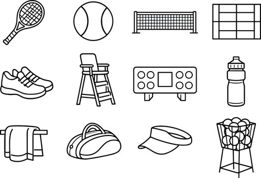 Line style vector icons of Tennis court: tennis racket, tennis ball, net, court; shoes, umpire chair, score