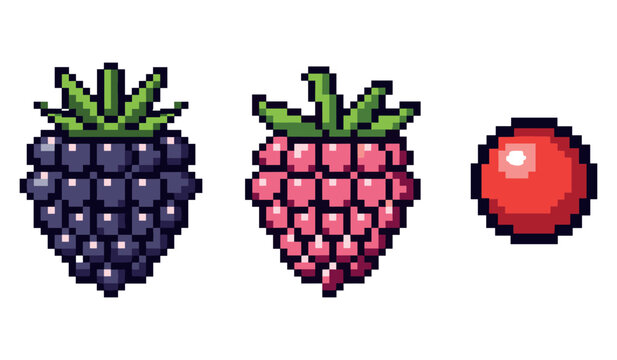 Pixel art berries and fruit icon set: blackberry, raspberry, cherry