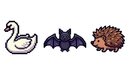 Obraz premium Pixel art animals: swan, bat, hedgehog in 8-bit style