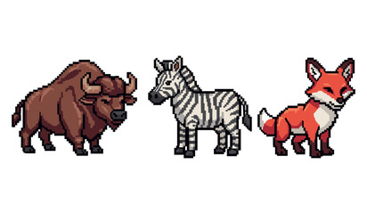 Fototapeta premium Pixel art animals: buffalo, zebra, and fox in retro style