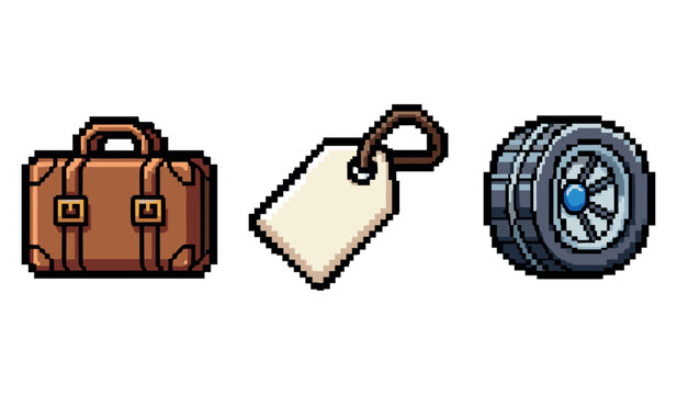 Pixel art set: suitcase, tag, and wheel icons