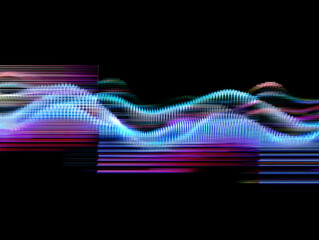 Vibrant colorful waveform pattern with neon lights on black background, abstract digital design element for music, technology, or futuristic concept