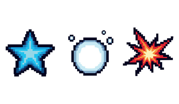 Retro pixel art: blue star, ice ball, and fire explosion icons
