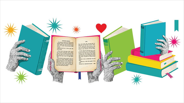 Halftone Hands Holding Open Books Art Collage Cut Outs Set.eps
