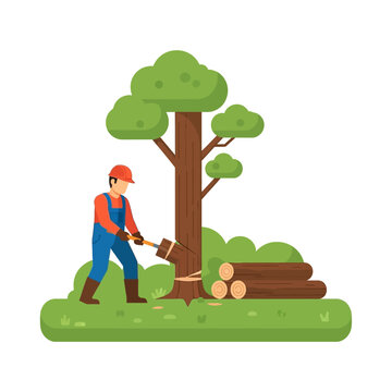 Lumberjack chopping tree with axe, wood logs piled, flat vector illustration