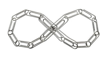 Silver metallic paper clips linked together forming an infinity symbol structure on transparent background