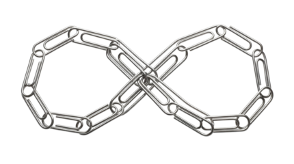 Silver metallic paper clips linked together forming an infinity symbol structure on transparent background