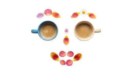 Two delightful espresso cups and colorful petals form a whimsical smiley face on transparent background