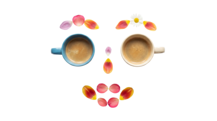 Two delightful espresso cups and colorful petals form a whimsical smiley face on transparent background
