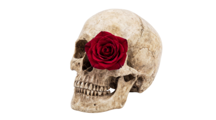 Striking human skull profile adorned with a single vibrant red rose in the empty eye socket on transparent background