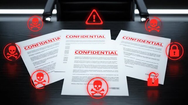 Confidential Documents with Security Icons - This video features several confidential documents laid out on a dark wooden table, prominently displaying the word "CONFIDENTIAL" in red lettering.