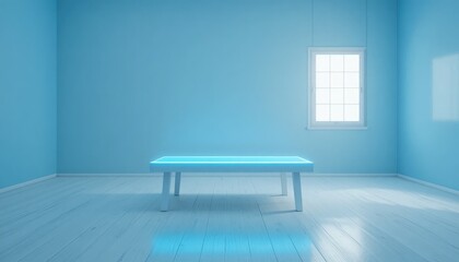 Minimalist room with glowing blue table and window
