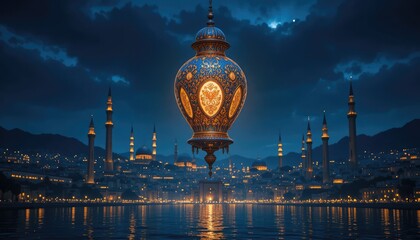 Ornate Islamic lantern floats over a city at night