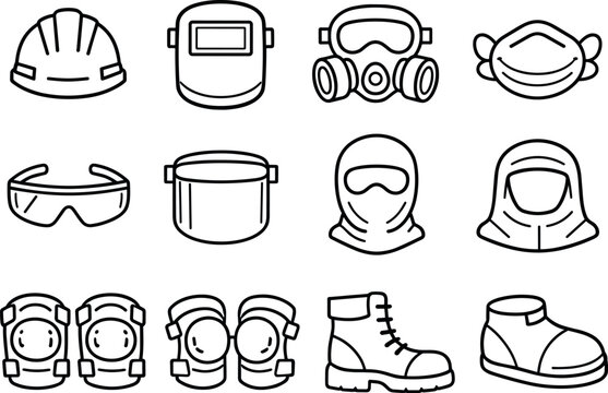 Line style vector icons of Protective gear: hard hat, welding mask, gas mask, dust mask; safety glasses, visor,