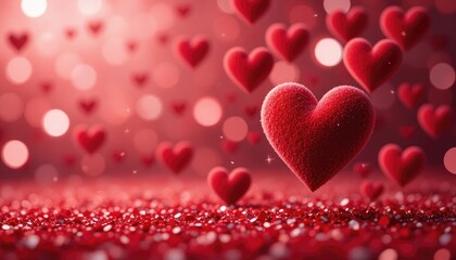 Red hearts floating and scattered on sparkling red surface