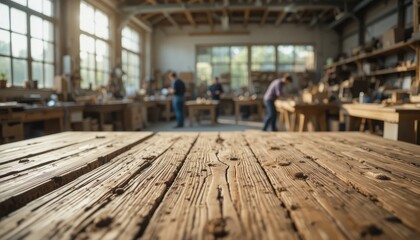 Rustic wooden table in a sunlit workshop with woodworkers
