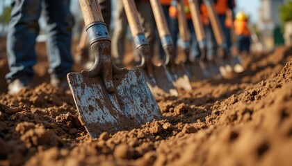 Row of shovels in dirt with construction workers in background