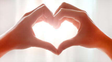 Fototapeta premium Hands folded in the shape of a heart, against a brightly lit background.